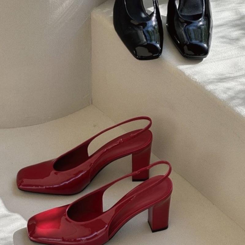 2025 Shallow Slip on Sandalias De Mujer Square Toes High Heels Back Strap Woman Pumps Metal Decoration Zapatos Mujer