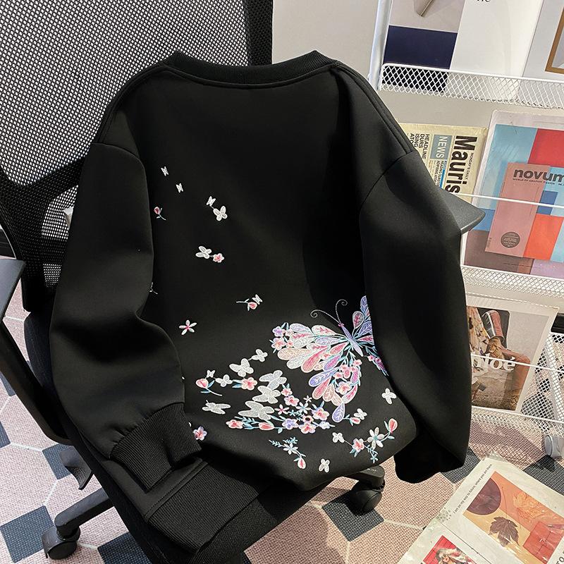 Extragroß Trendig Locker Mittellang Langarm Pullover Damen Frühling-Herbst Schmetterling Stickerei Oberteil