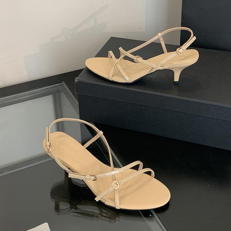 Summer thin belt open-toed women's shoes fashion commuter middle heel one-word buckle sandals simple temperament versatile high heels