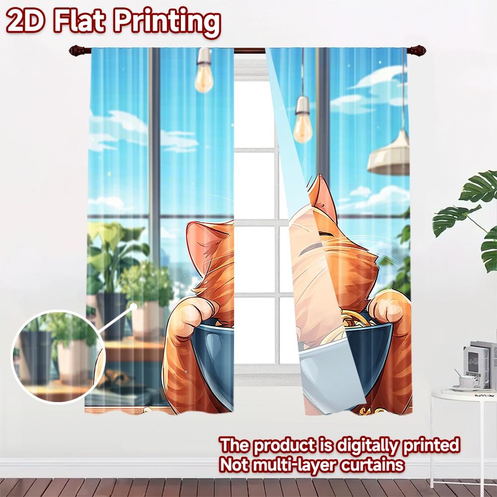 2D Flat Printing 2pcs Window Curtains Cute Cat Eating Spaghetti Digital Printed Polyester Drapes Holiday Decorations for Holiday