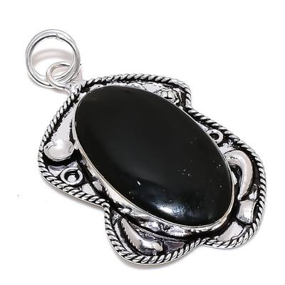 Natural Black Onyx Gemstone Handmade 925 Sterling Silver Pendant 2.60" H6S95