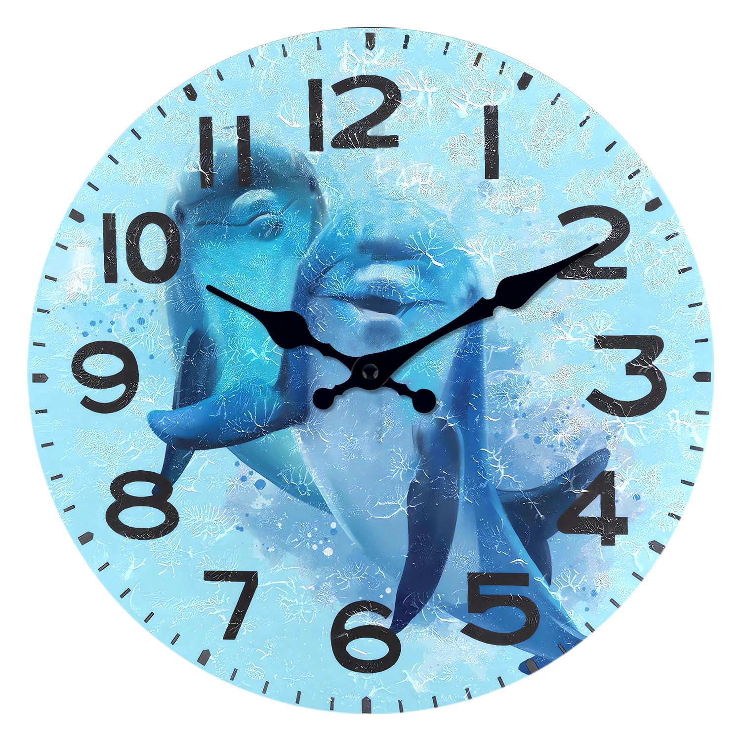 High-Quality Blue High-Quality Dolphin High-Quality Pattern High-Quality Wooden High-Quality Wall High-Quality Clock High-Quality For High-Quality (as the picture,10 Inch)