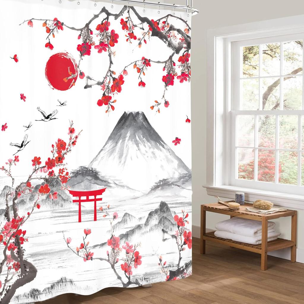 Japanese Shower Curtain Fuji Mountain Cherry Blossom Asian Anime Theme Burgundy Sun Koi Watercolor Floral Spring Cool Fabric