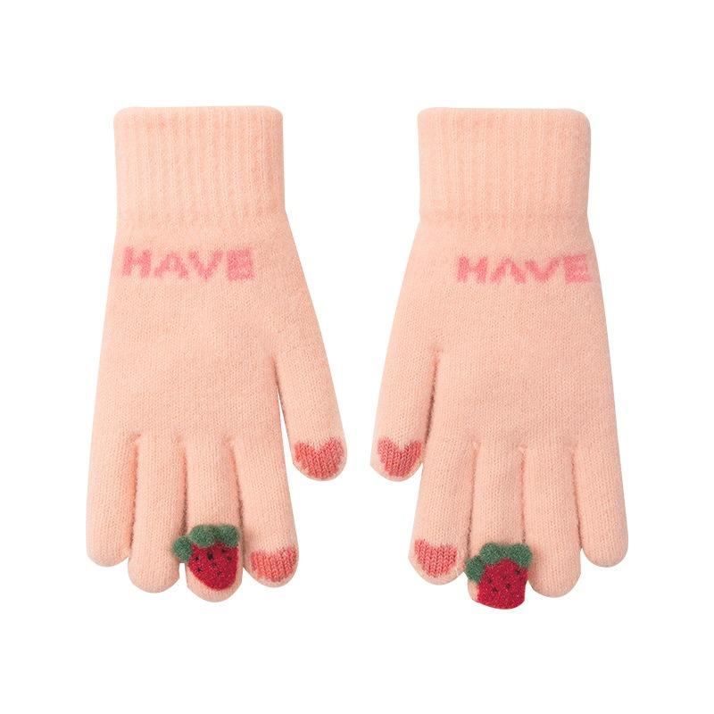 Sweet and cute strawberry embroidery thickened warm knitted five-finger cold-proof women's winter outdoor cycling gloves