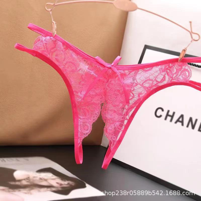 Damskie seksowne stringi koronkowe z odkrytym krokiem - prześwitujący niski stan