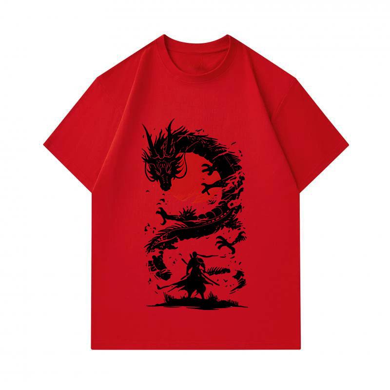 100% Cotton Men's Crew Neck Short Sleeve T-shirt, Cool Samurai VS Dragon Red Sun Ink Print Casual Breathable Tee for Daily Streetwear, Unique Retro Ja