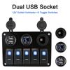 5 Gang LED Rocker Switch Panel Dual USB Slot Socket With Fuse Waterproof Digital Voltage 12/24V Outlet Combination