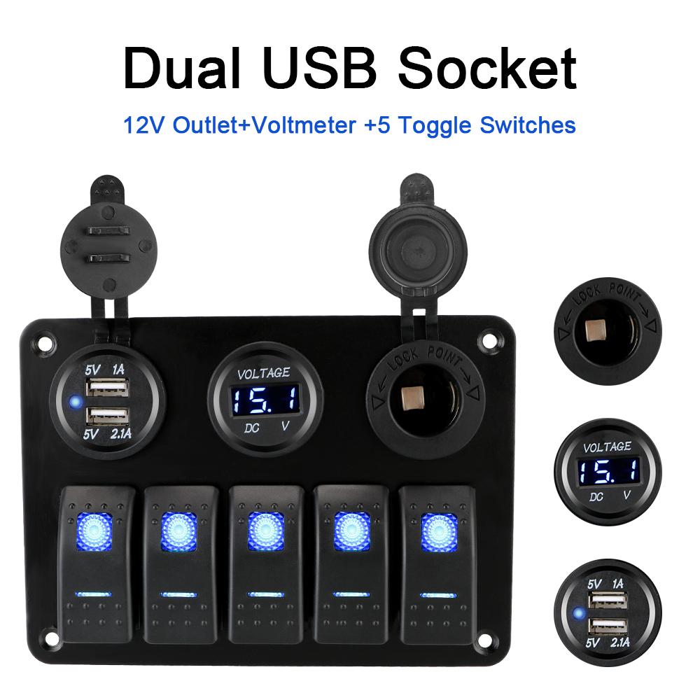 5 Gang LED Rocker Switch Panel Dual USB Slot Socket With Fuse Waterproof Digital Voltage 12/24V Outlet Combination