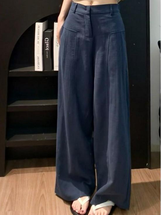 Women's High-Waisted Dark Blue Cotton Linen Wide-Leg Pants