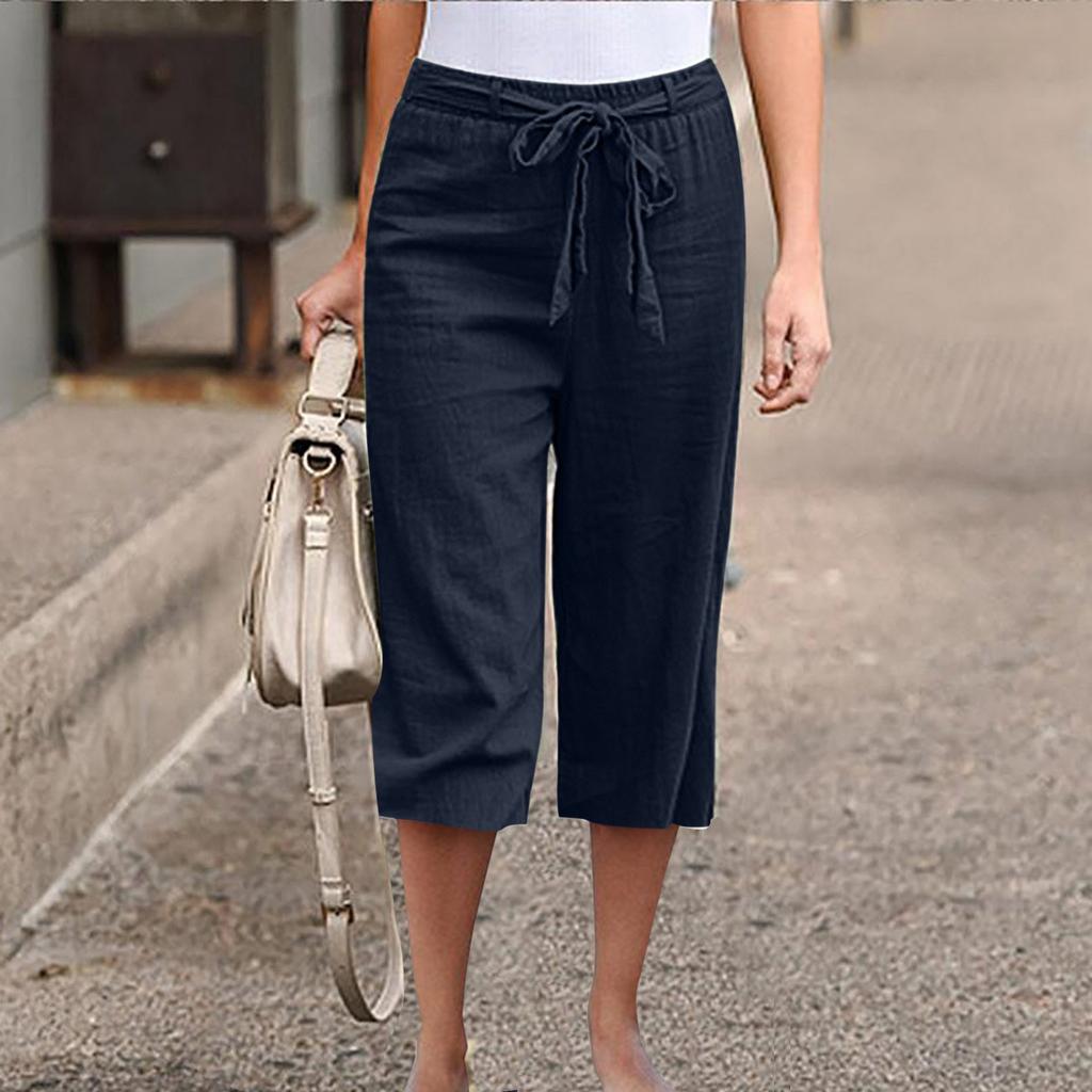 Loose Linen Pants For Women Casual Summer Elastic Tie Waist Pants Wide Leg Cropped Trousers With Pockets