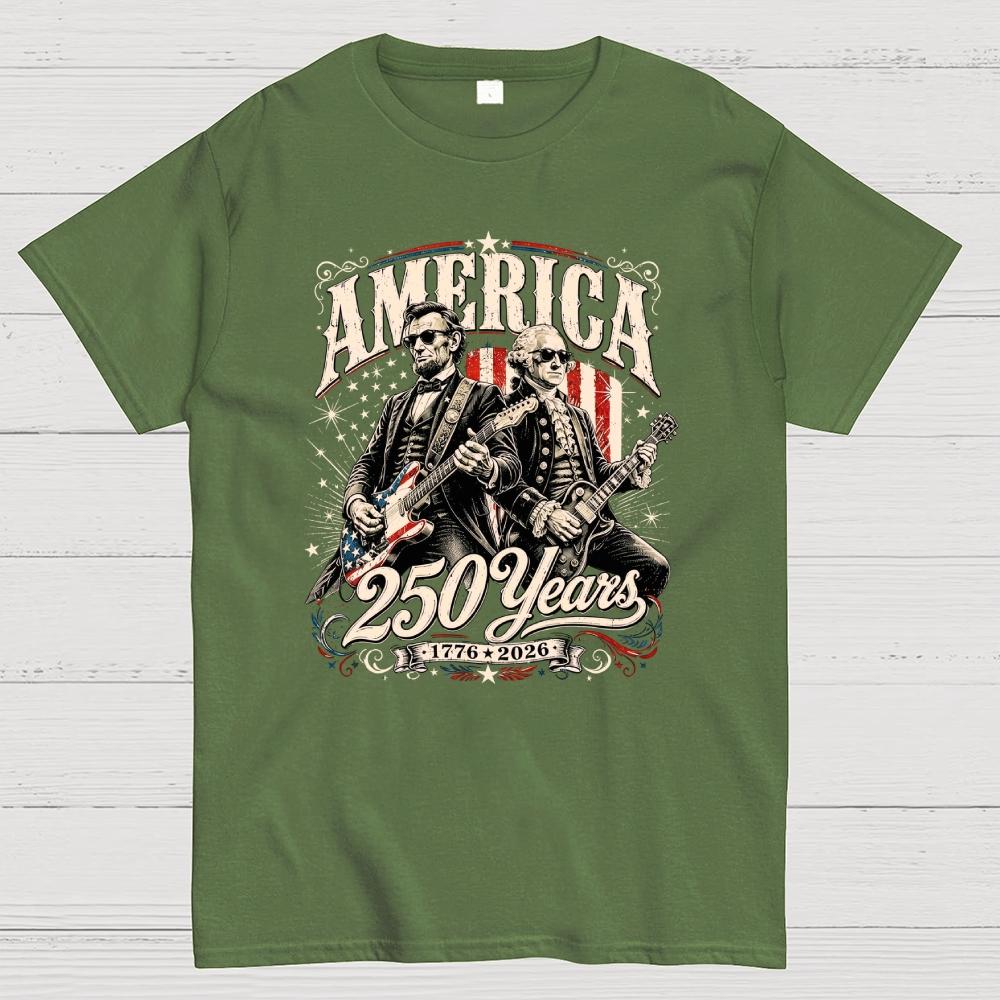 250 Years America Anniversary George Washington & Lincoln Playing Guitar Funny 4th of July Cotton Casual Cool Loose T-Shirt