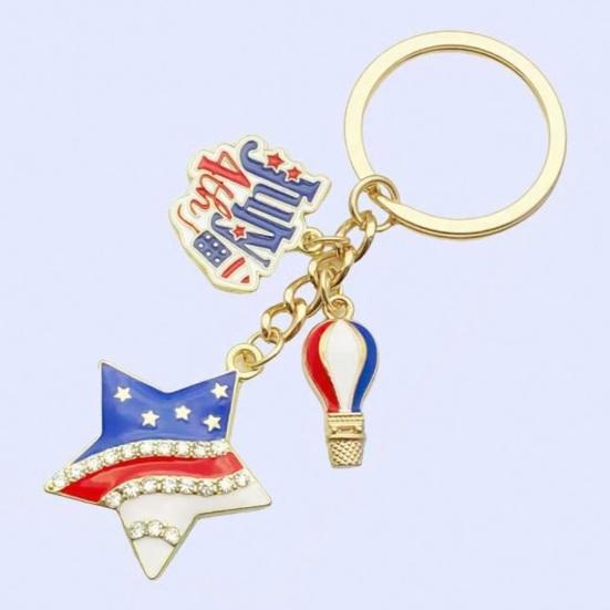 Independence Day Keychain Pendant, Enamel Zinc Alloy Key Holder with USA Letters Stars Hearts Patriotic Design, American Flag Accessory