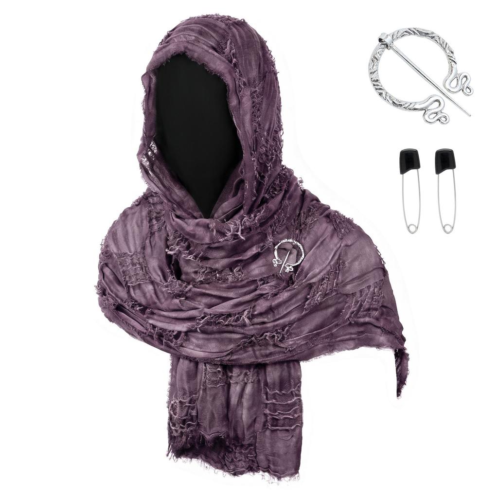Medieval Style Hooded Cloak Scarf with Distressed Fabric and Metal Brooch Fastener for Cosplay LARP Renaissance Festival Costume Accessory
