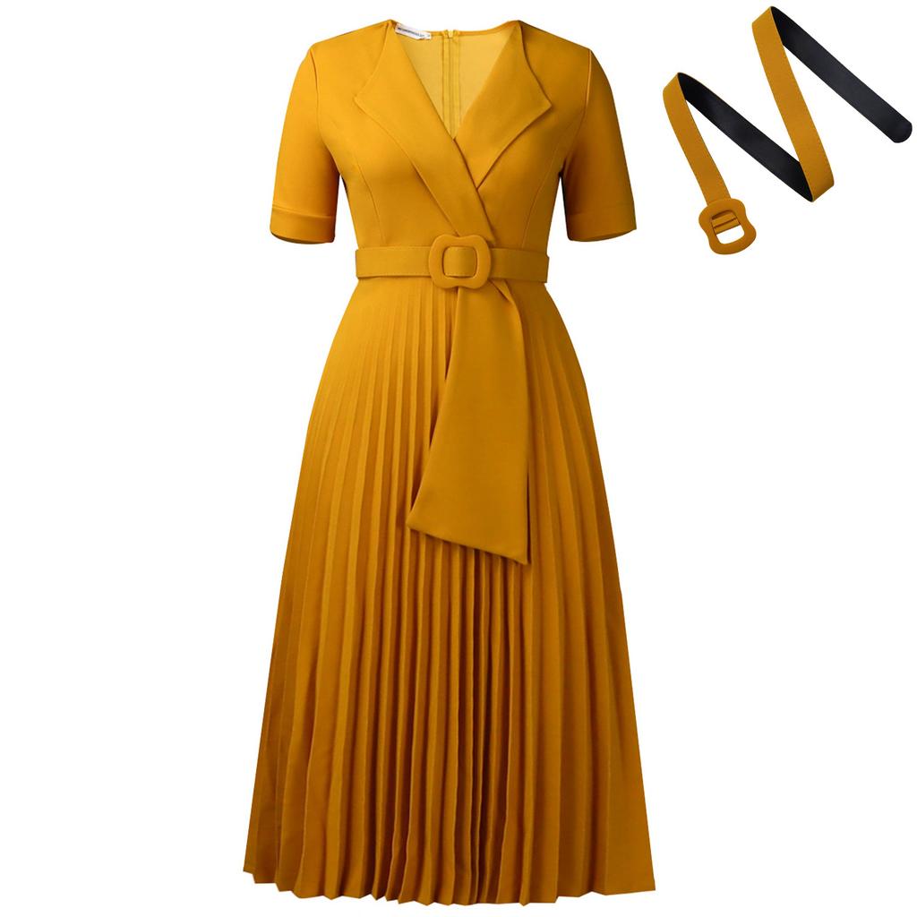 Sexy short-sleeved V-neck fashion temperament elegant pleated large size solid color dress