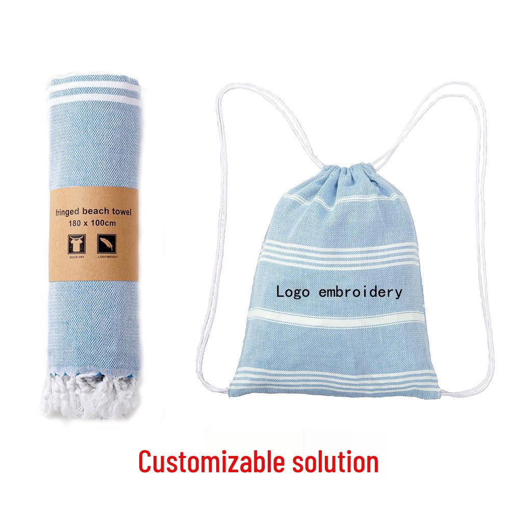 Custom Pure Cotton Turkish Striped Beach and Sauna Towel with Non-Stick Sand and Tassels for Adults