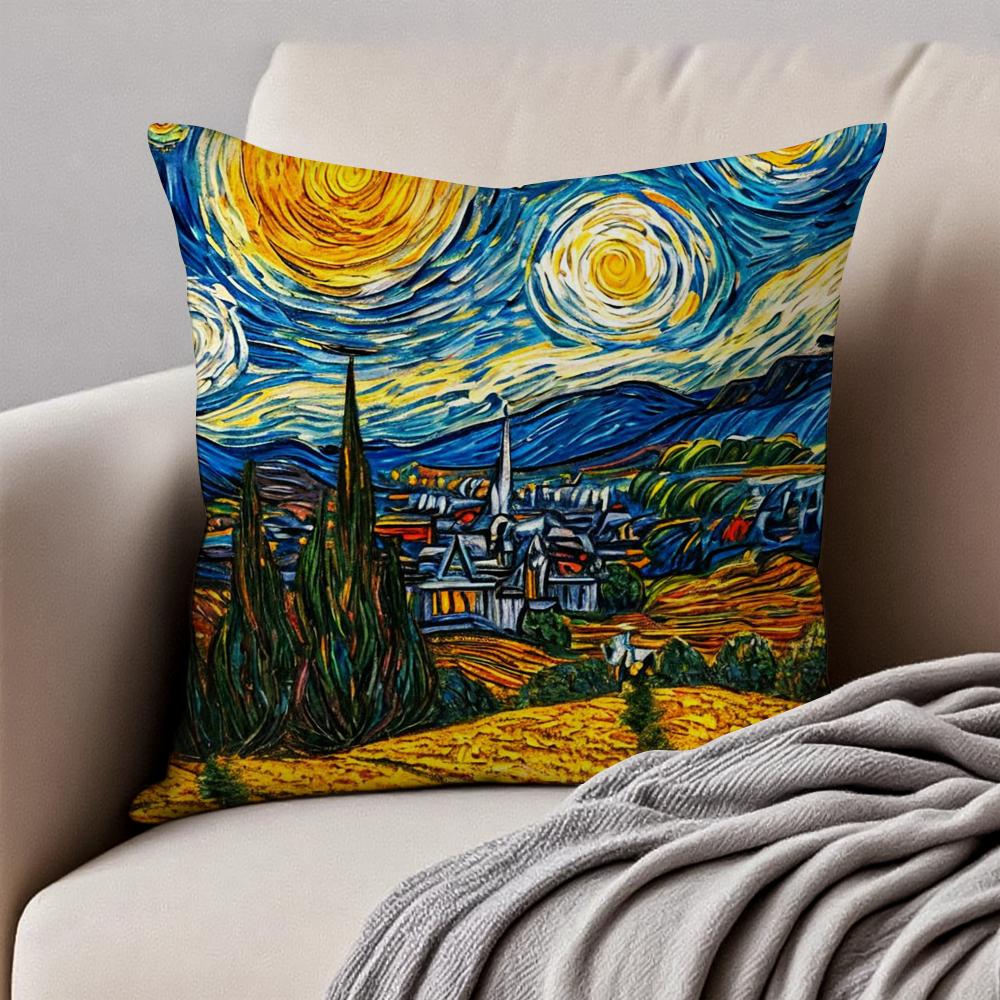Van Gogh Starry Sky Dutch Painting Art Cushion Cover Pillowcase Antidustmite Invisible Zipper Short Plush Sofa Cushion