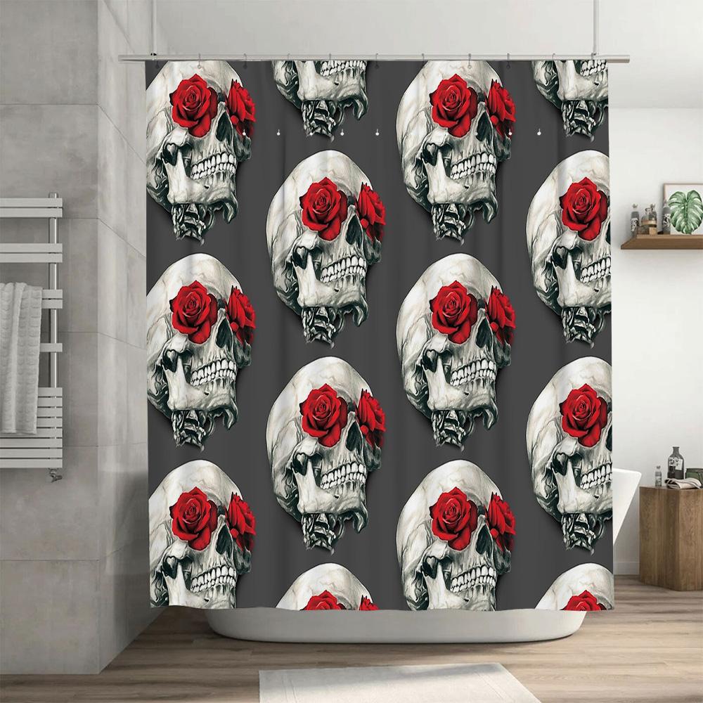 Totenkopf Duschvorhang Gotisch Blumig Totenkopf Wandteppich Dunkle Wohnkultur Halloween Gruselig Waschbar Badezimmer-Set Vintage Totenkopfkunst