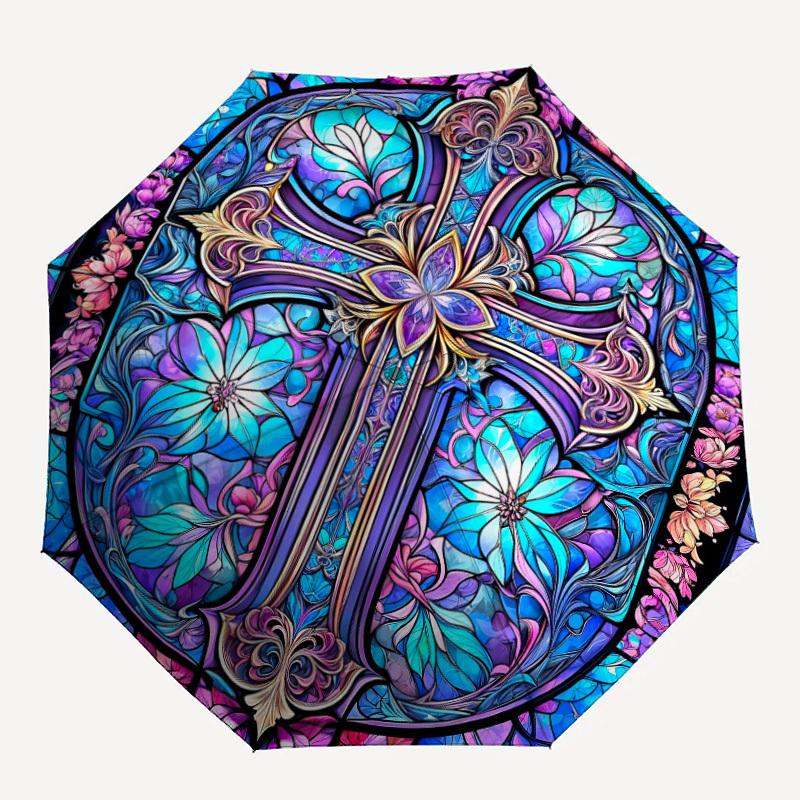 

1pc Stained Glass Cross Automatic Open/close Umbrella, 8-Rib sturdy structure, Auto Folding/Opening, Portable Travel Umbrella for Women,026