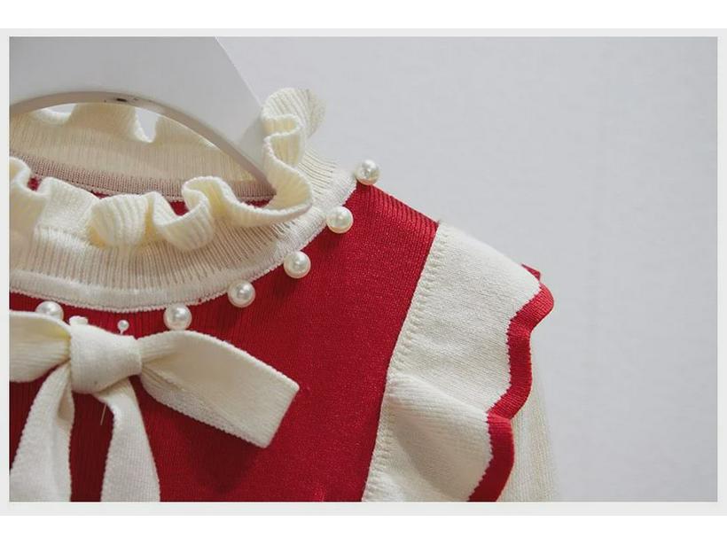 Girls' Red Knitted Pearl Sweater Dress - New Year's Winter Style