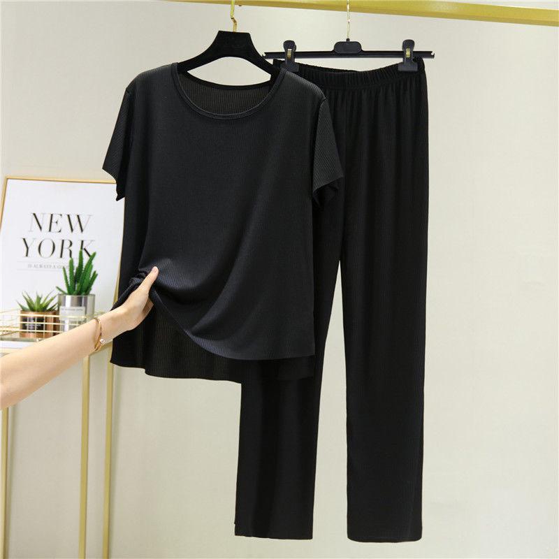 

Женский летний костюм-двойка Ice Silk 2023 года: Топ с коротким рукавом и широкие брюки для спорта и отдыха. L чёрный