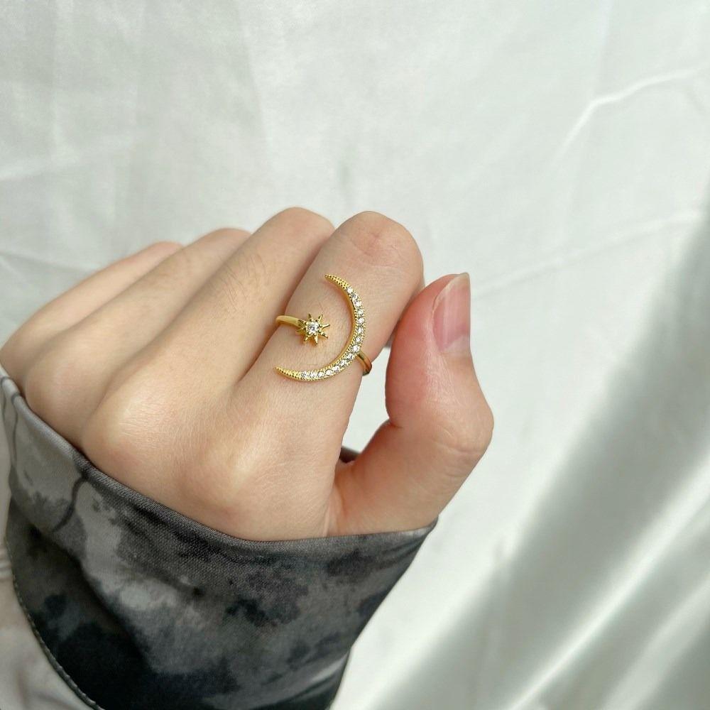 Zinc Zinc Alloy Star Moon Opening Rings Rhinestone Crescent Moon Ring Gift Couple Ring  Men