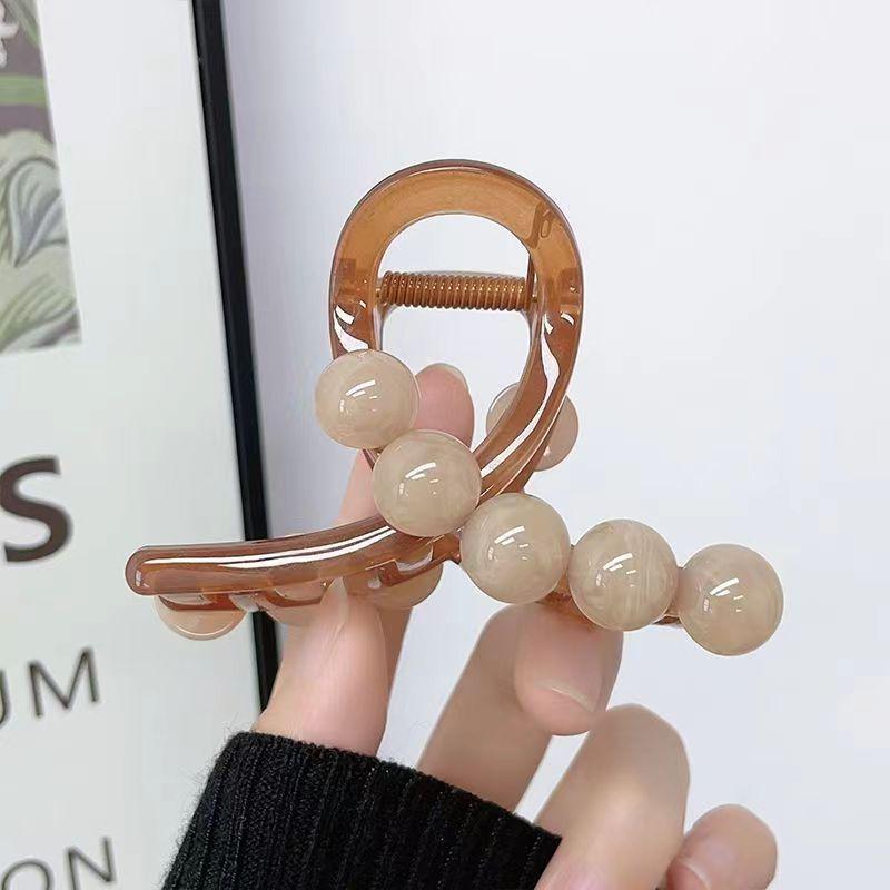 

Элегантная французская прозрачная коричневая шпилька для волос со светло-розовыми бусинами - универсальная заколка-акула