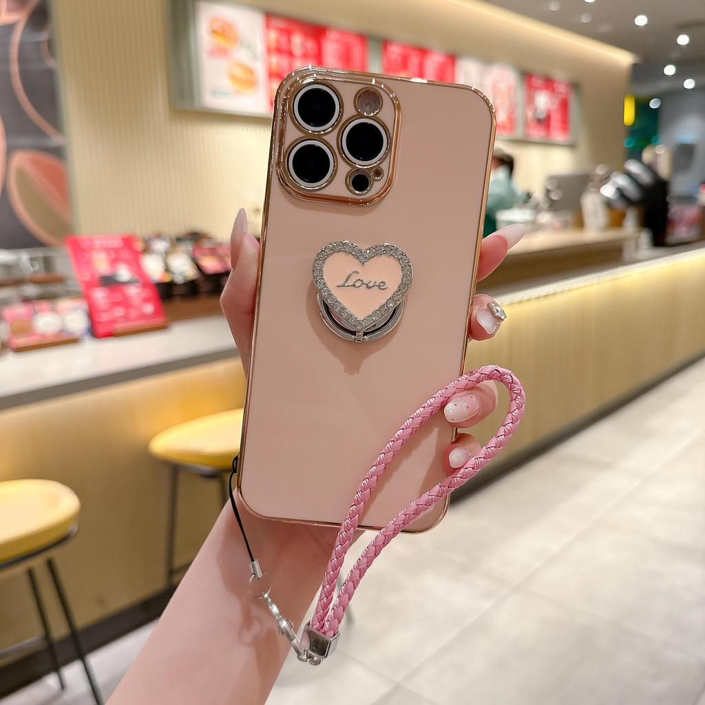 Luxury Wrist Strap Love Heart Stand Plating Camera Lens Protect Bumper Phone Case For iPhone 17 Air 16 15 14 Plus 13 12 11 Pro Max SE Girls Cute Cover
