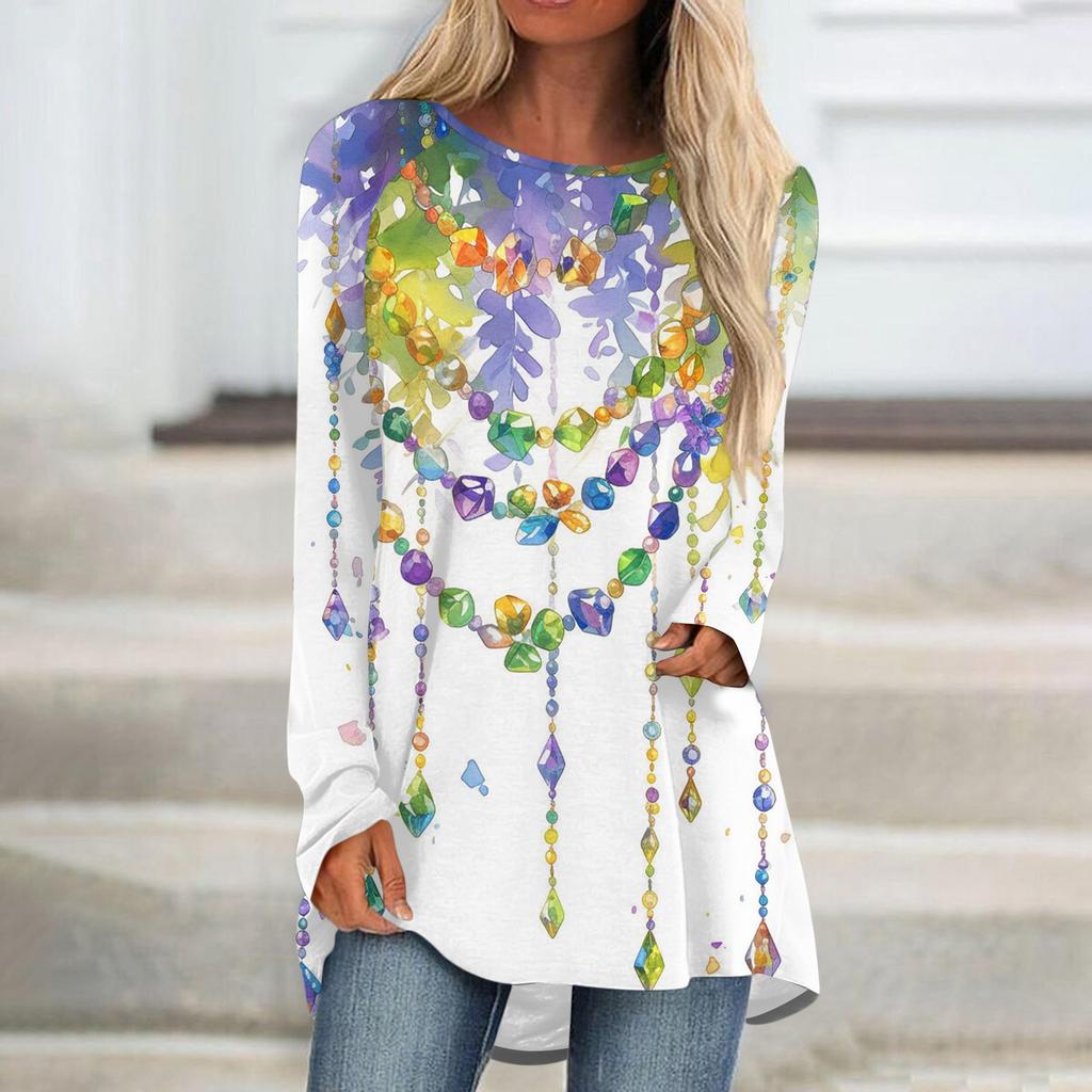 Women's Fashionable Round Neck Raglan Long Sleeved Carnival Printed Casual Pullover Top