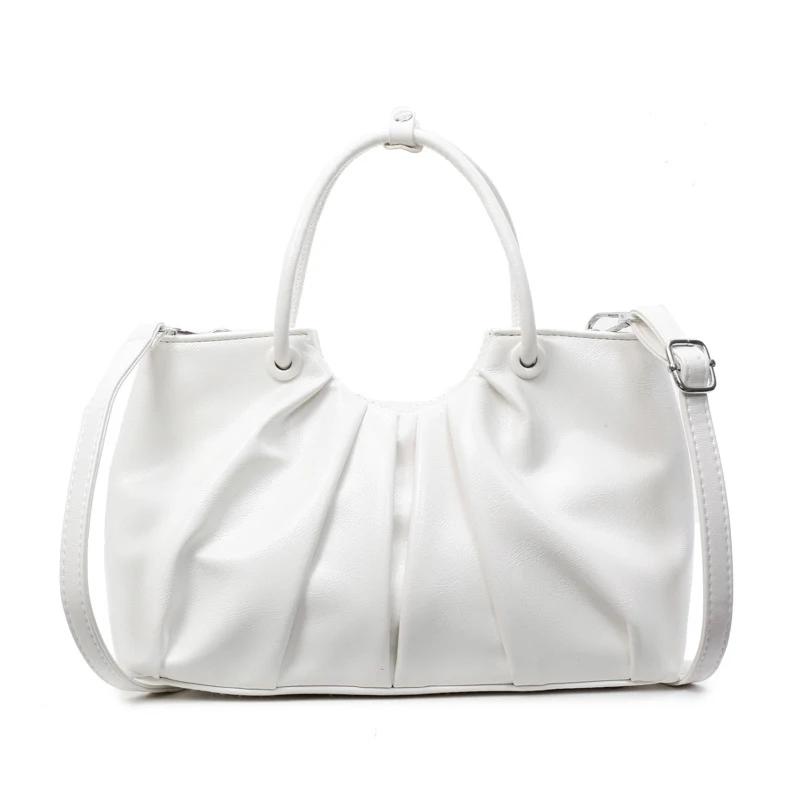 Vintage Pleated Women Crossbody Bag Fashion Pu Leather Tote Bucket Bag Large Capacity Commuting Shoulder Handbag