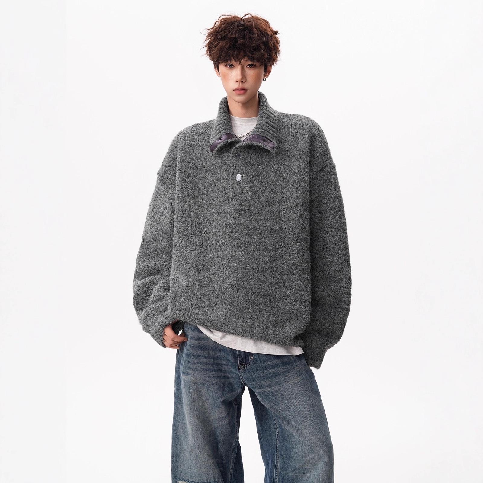 Men s Korean-Style Textured Knit Half-High Collar Sweater: Handsome and Loose Button Cardigan for Autumn/Winter. XL
