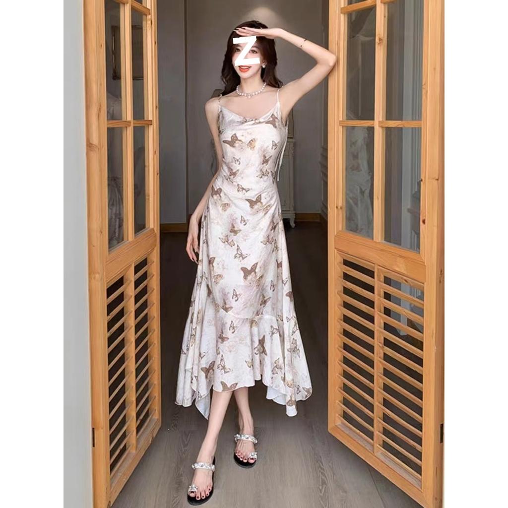 Retro Temperament Butterfly Floral Suspender Dress Women's Summer French Vacation Style Pure Desire Swinging Collar Irregular Long Dress