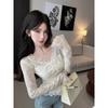 Spring Autumn V-neck Lace Patchwork Sexy Fashion Tee Women Long Sleeve Hollow Out Bottomed Pullover T-shirt Top