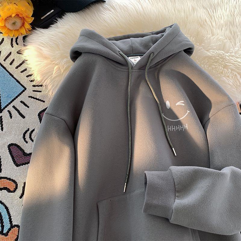 Women's Smiling Face Funny Fashion Couple Hooded Sweater American Heavyweight Loose Thickened Cashmere Boys' Hoodie Pullover Top