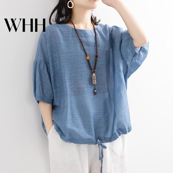 Loose Fit Women Top Summer Casual T-shirt O-Neck 3/4 Batwing Sleeve Pullover Round Neck Three-quarter Tops Solid Color Blouse Streetwear