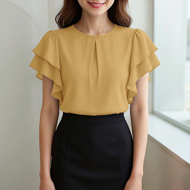 ZANZEA Lässige Bluse mit Rundhalsausschnitt und Rüschen, kurzärmelig, lockere Damenbluse