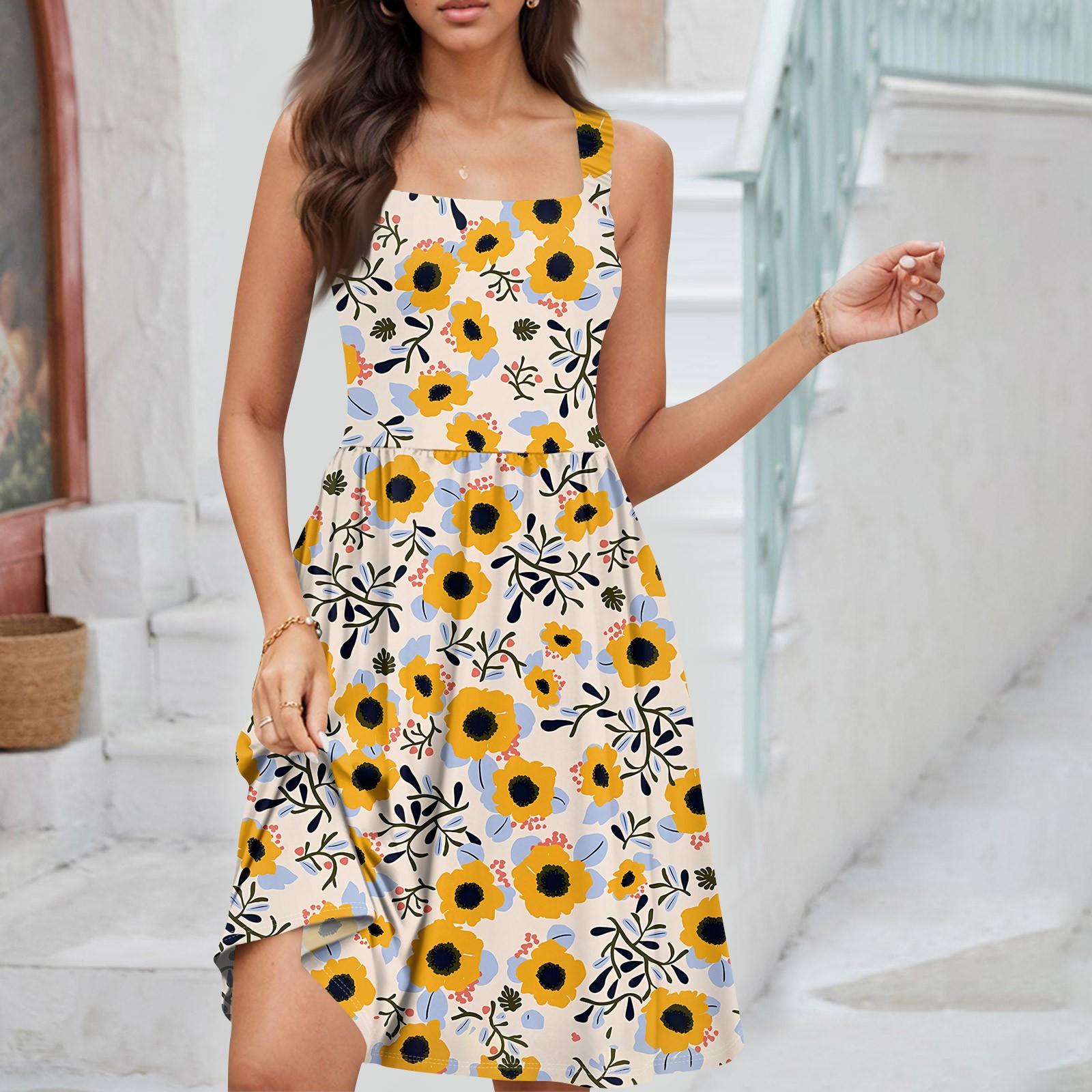 

Женское летнее повседневное платье с квадратным вырезом и карманами, милое платье трапециевидной формы без рукавов с высокой талией и жилетом миди L бежевый