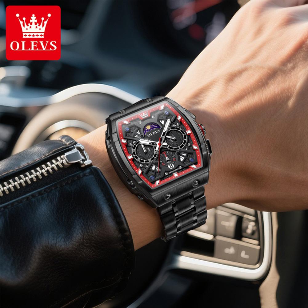 OLEVS Herren Chronograph Uhr Original Tonneau Quarz Uhr Wasserdicht Leuchtend Edelstahl Uhren Für Männer