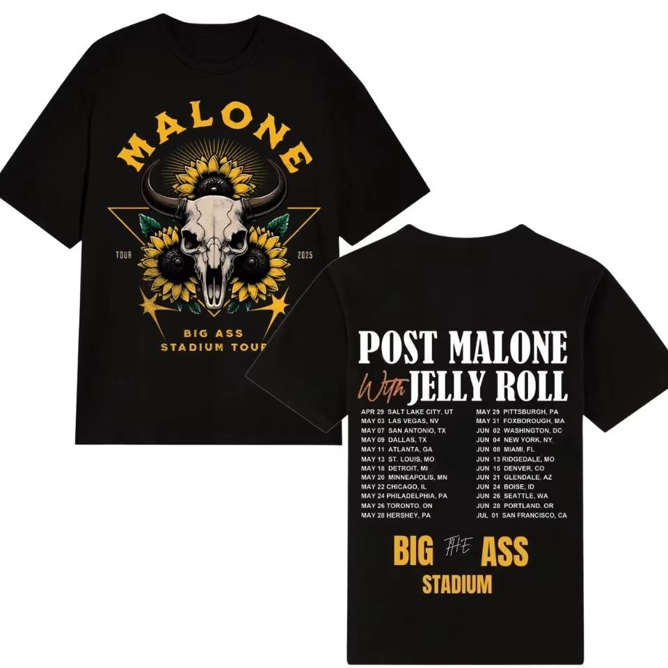 

Большая Жопа Стадион Malone Post Malone Jelly Roll Тур 2026 Концертная Футболка Унисекс Футболка Летняя Повседневная Футболка с Принтом Y2k Харадзюку S
