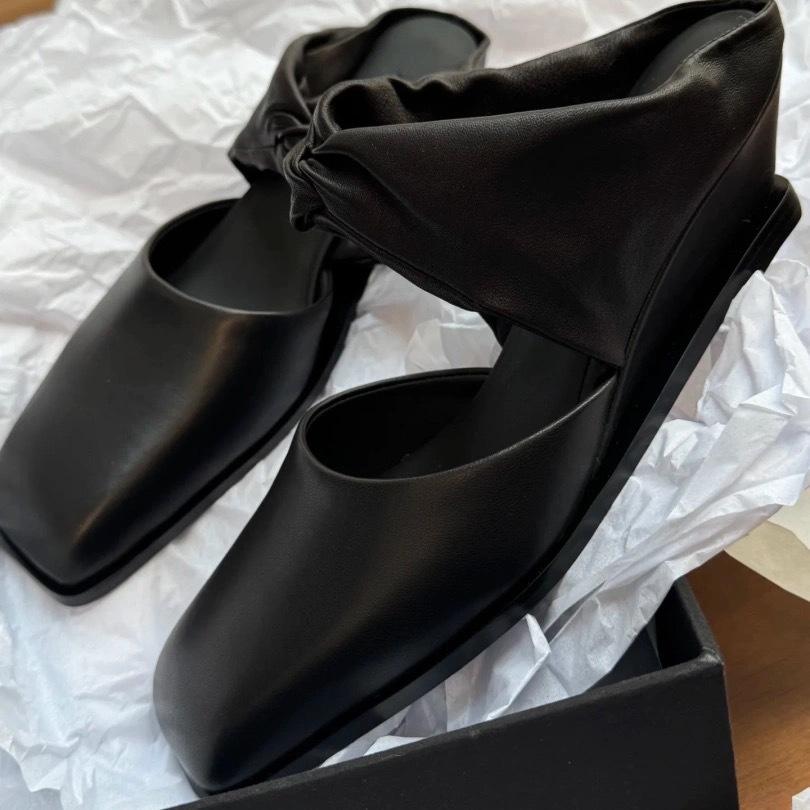 

Genuine leather niche square head wedge head bag head half slippers women s outer wear 2025 spring and summer one-word sandals Muller shoes 39 чёрный