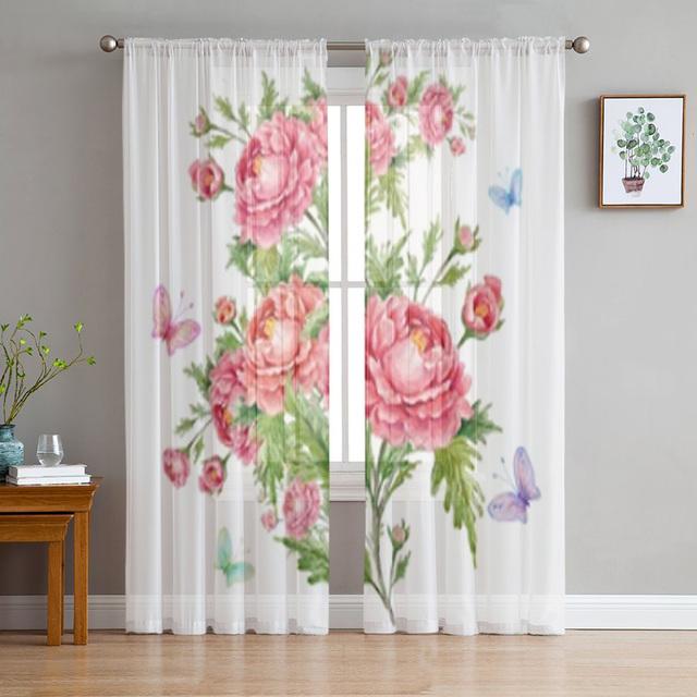 Pink Rose Vintage Tulle Window Curtain For Living Room Modern Sheer Curtain For Bedroom Kitchen Drapes Custom