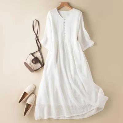 Baumwolle Leinen Kleid Damen Schlank Temperament Halber Ärmel Lockere Kleider Mode Einfarbig Lässiges Elegantes Kleid Sommer Trend Dünn