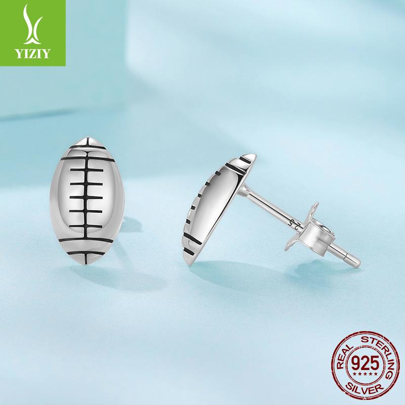 S925 Sterling Silver Rugby Stud Earrings, Fashion Sports Style Silver Whole Body Stud Earrings And Ear Jewelry