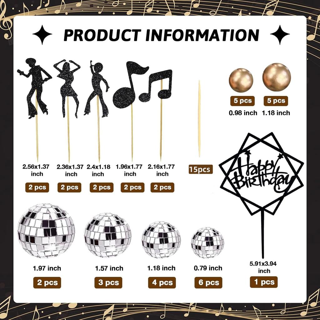 Disco Ball Music Dancing Themed Cake Cupcake Decorations with Mirror Balls for 70s 80s 90s Birthday Fever Wedding Party Supplies