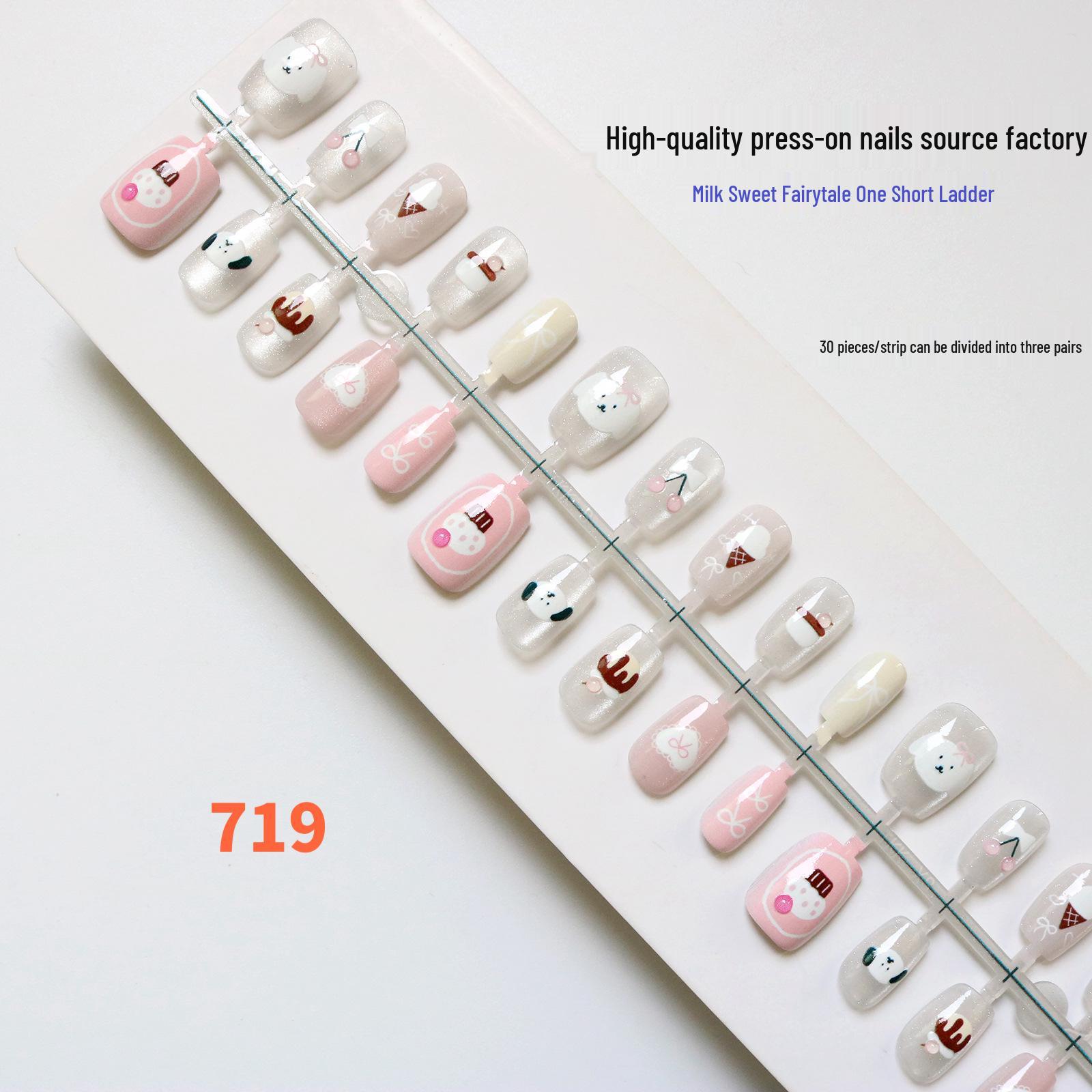 Pink Rabbit Cat Eye Hand-Painted Wearable Nails with 3D Sweet Cartoon Art Stickers