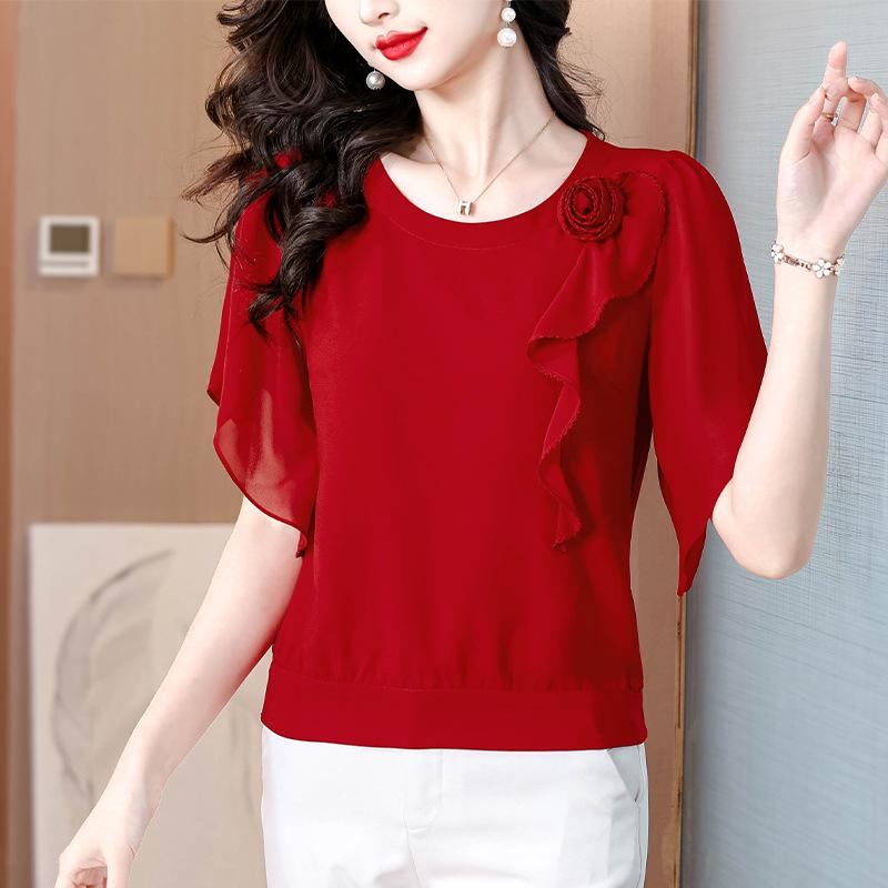 2025 Summer Chic Chiffon Blouse: Women's Floral Short-Sleeve Top