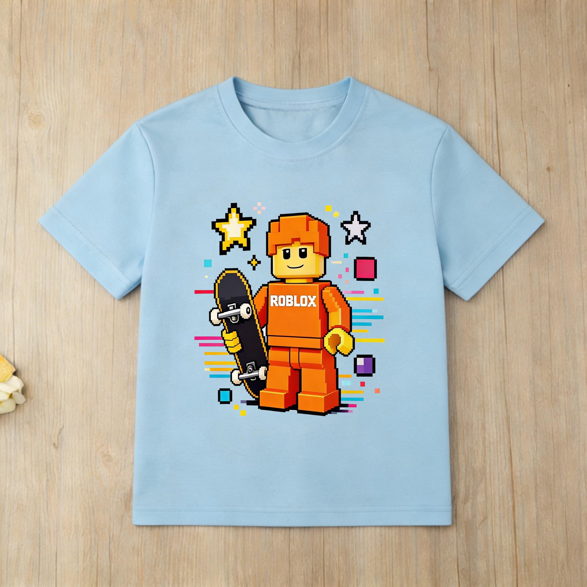 Roblox Game Inspired Kids TShirt Orange Block Figure Print Short Sleeve Summer Casual Tops for Boys 100