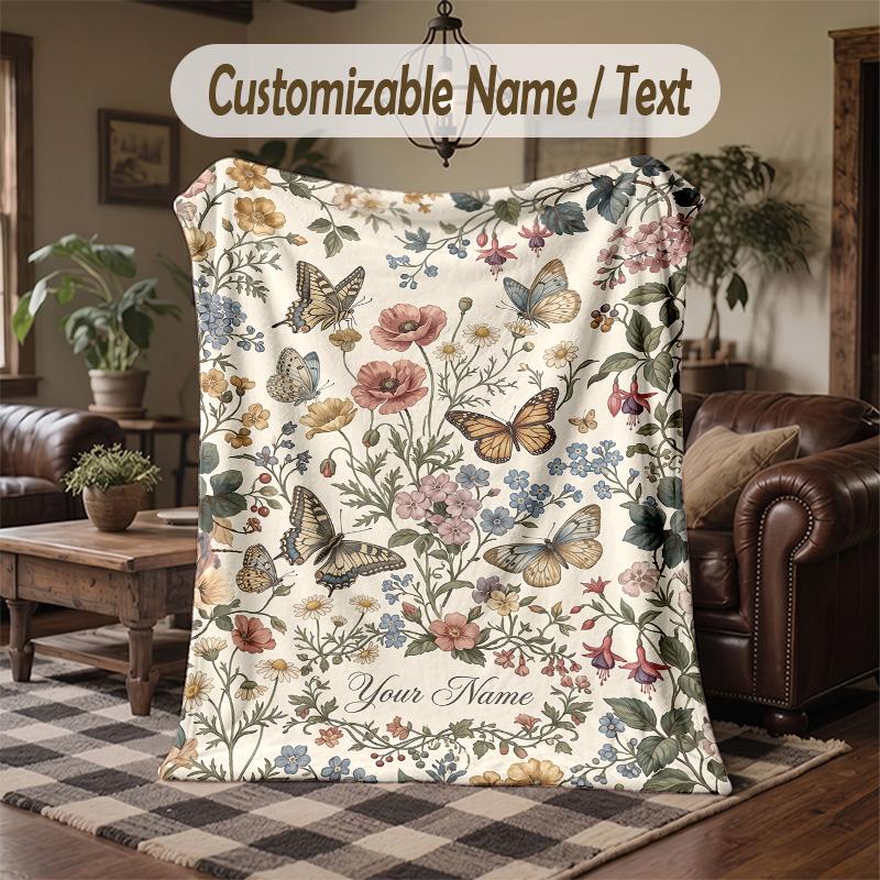 Butterflies Floral Frame Theme Throw Blanket Custom Name Text Personalized Blanket Soft Cozy Blanket for Home Sofa Bed