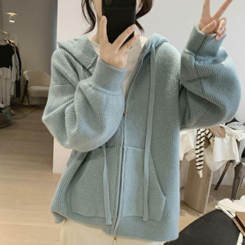 Blue Loose Hooded Zipper Sweater for Women Autumn and Winter Gentle Soft and Lazy Style Knitted Cardigan Top Jacket