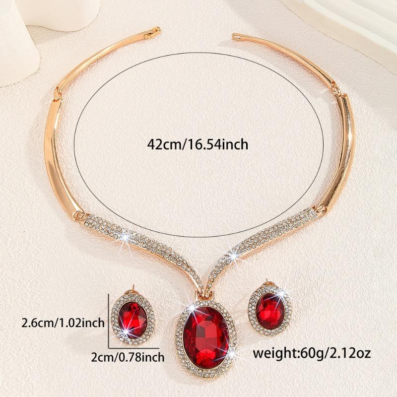 Gold Zinc Alloy Inlaid White Rhinestone Red Crystal Necklace and Earrings Set - Women's Jewelry