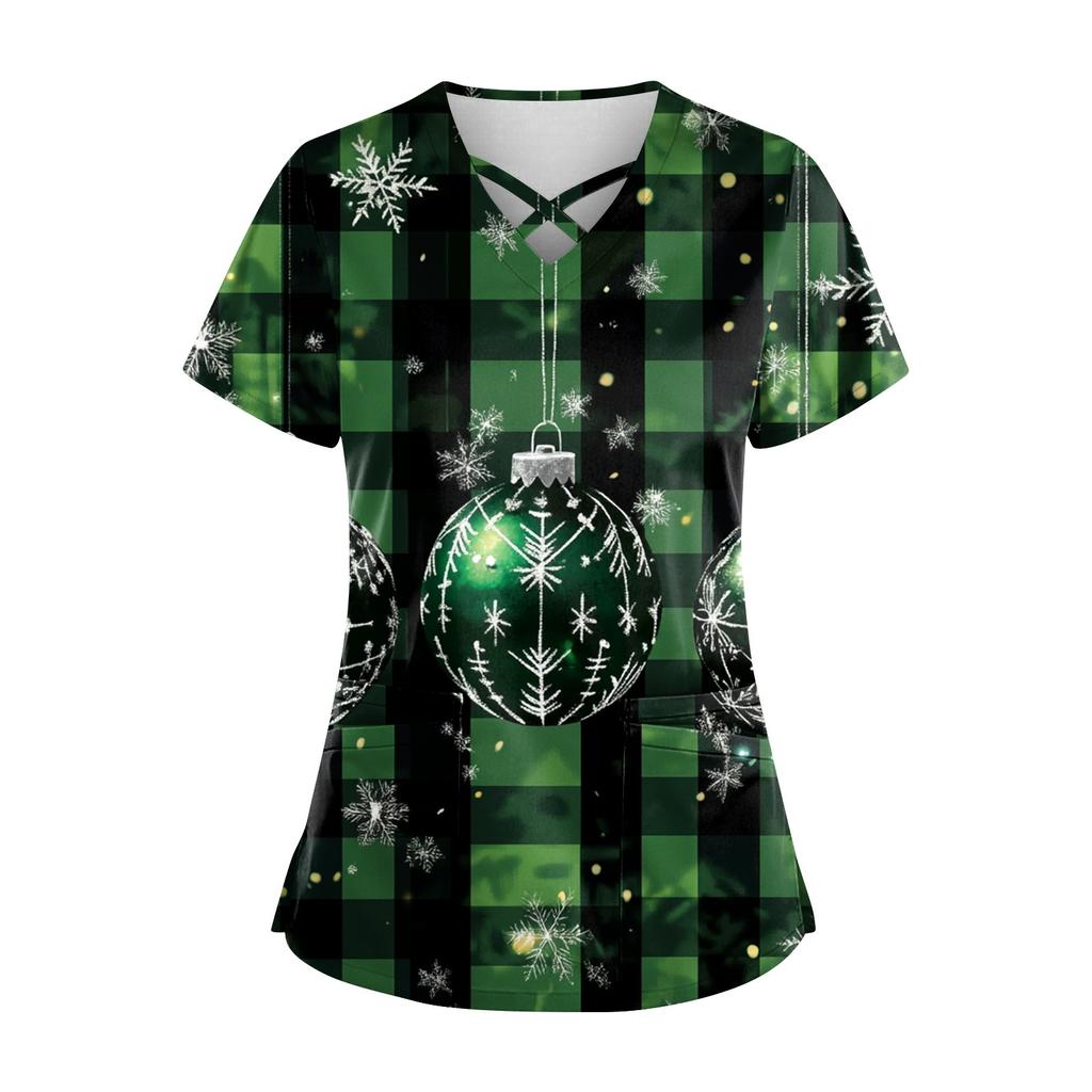 Kvinners Juletrykk Uniform Arbeidsuniform V-hals Pocket Protective Work Uniform